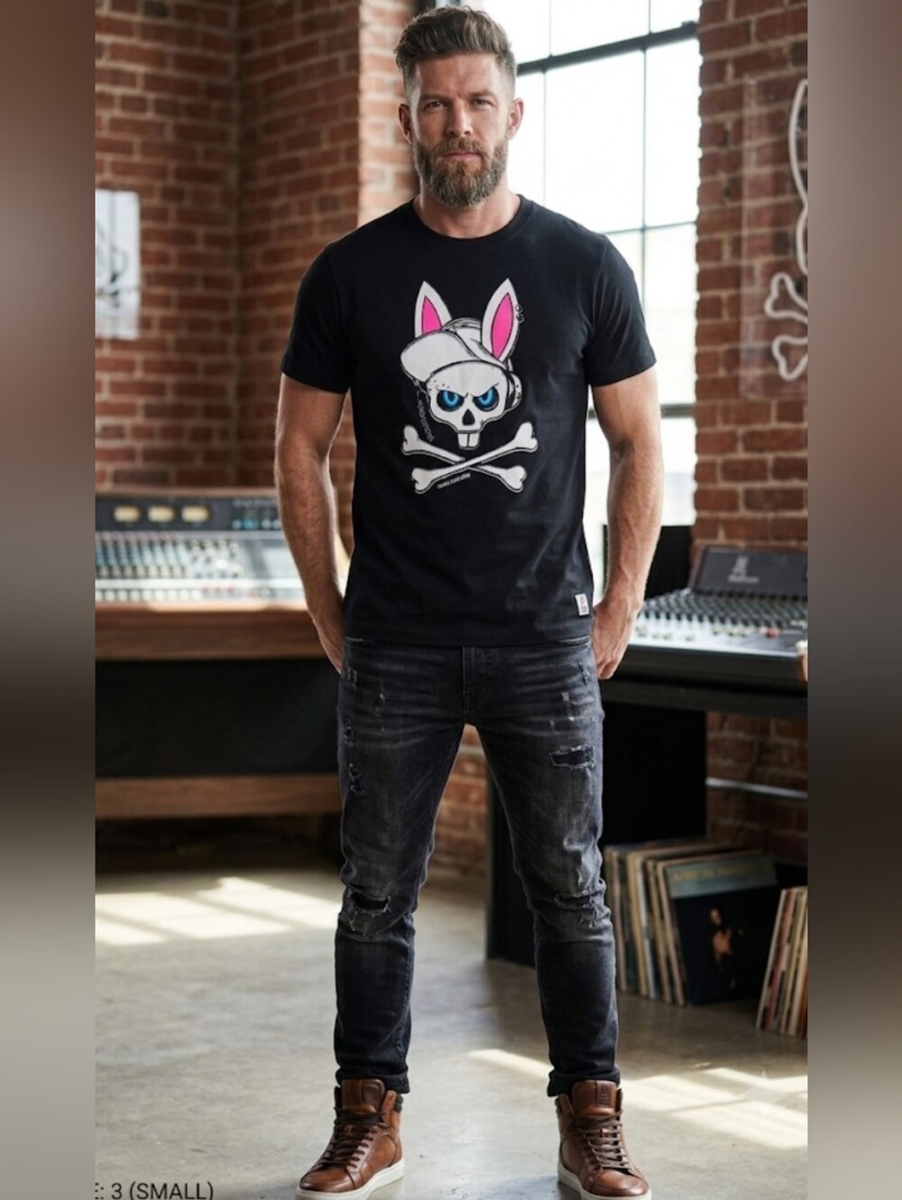 Psycho Bunny x Kristian Nairn Black DJ Skull Graphic T-Shirt Pima Cotton Size 3